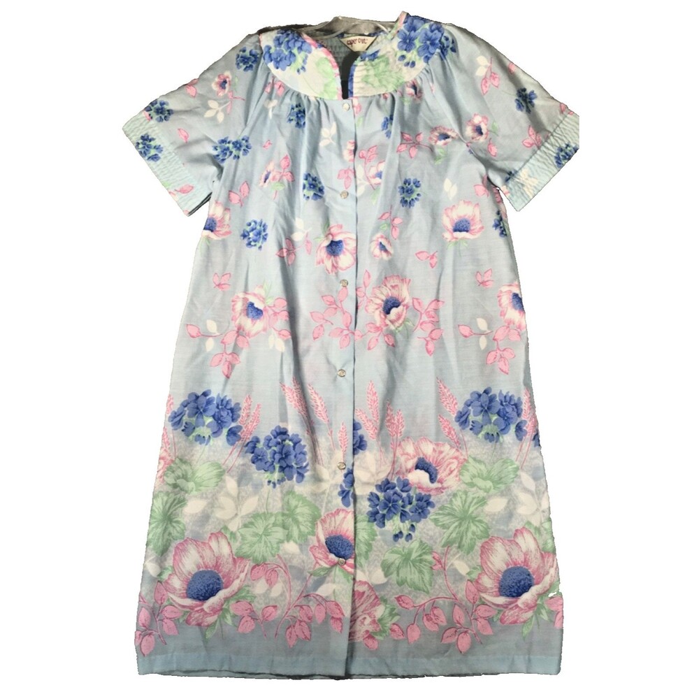 Vintage Caper Coat Blue Floral Snap Up House Coat Robe Sz M Cottage Grannycore